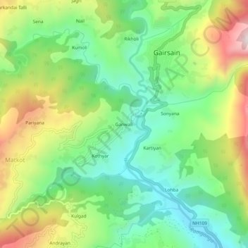 Mappa topografica Ganwali, altitudine, rilievo