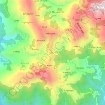 Mappa topografica Haldukhal, altitudine, rilievo