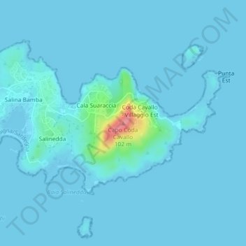 Mappa topografica Capo Coda Cavallo, altitudine, rilievo