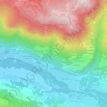 Mappa topografica Le Frêne, altitudine, rilievo
