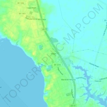 Mappa topografica Hayes, altitudine, rilievo