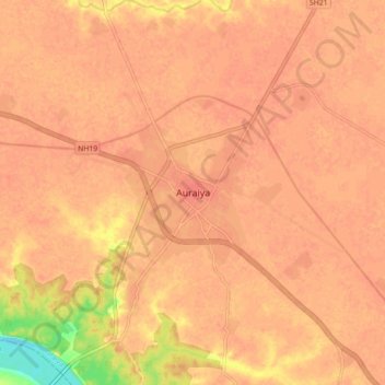 Mappa topografica Auraiya, altitudine, rilievo