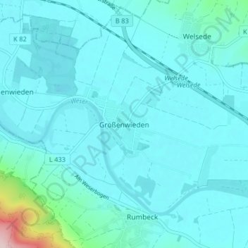 Mappa topografica Großenwieden, altitudine, rilievo