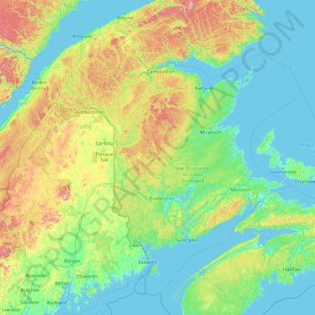 Mappa topografica Nouveau-Brunswick, altitudine, rilievo