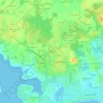 Mappa topografica Le Ménec, altitudine, rilievo