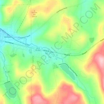 Mappa topografica Pitts, altitudine, rilievo