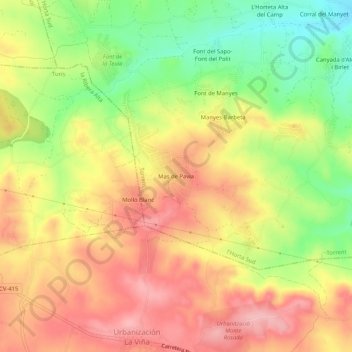 Mappa topografica Mas de Pavia, altitudine, rilievo