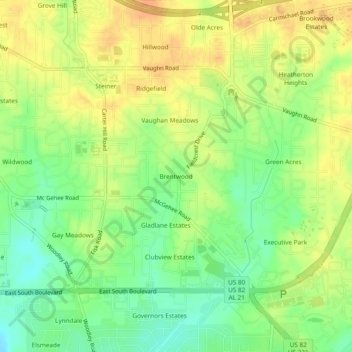 Mappa topografica Brentwood, altitudine, rilievo