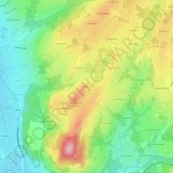 Mappa topografica Winding, altitudine, rilievo