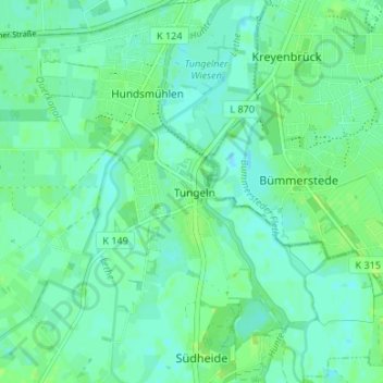 Mappa topografica Tungeln, altitudine, rilievo