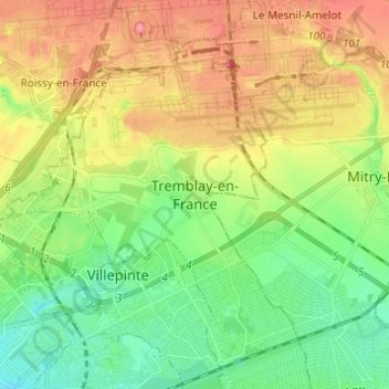 Mappa topografica Tremblay-en-France, altitudine, rilievo