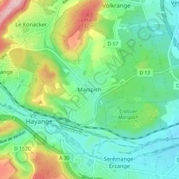 Mappa topografica Marspich, altitudine, rilievo