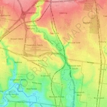 Mappa topografica Strathmore, altitudine, rilievo