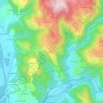 Mappa topografica Fontmerle, altitudine, rilievo