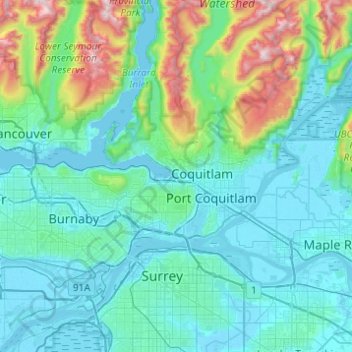 Mappa topografica Port Moody, altitudine, rilievo