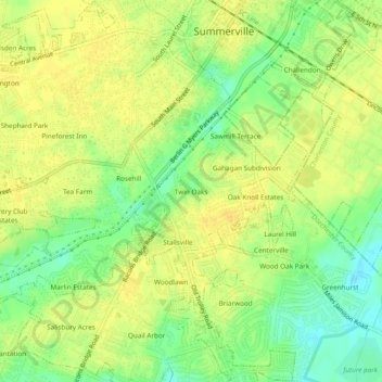 Mappa topografica Twin Oaks, altitudine, rilievo