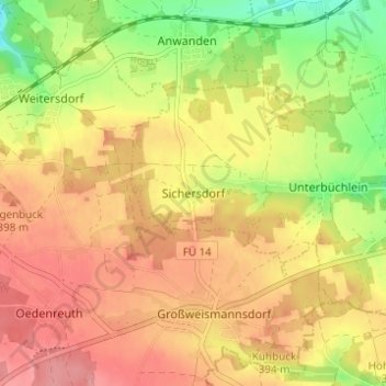 Mappa topografica Sichersdorf, altitudine, rilievo