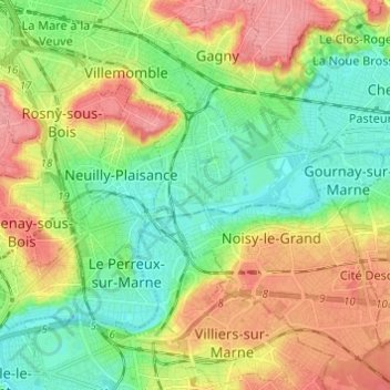 Mappa topografica Neuilly-sur-Marne, altitudine, rilievo