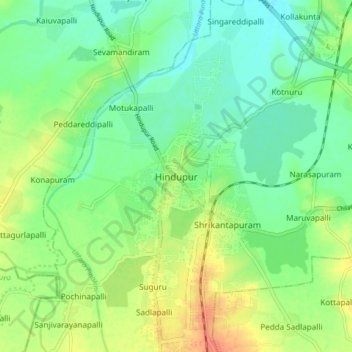Mappa topografica Hindupur, altitudine, rilievo