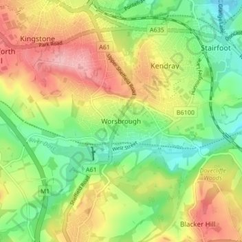 Mappa topografica Worsbrough, altitudine, rilievo