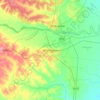 Mappa topografica Kharagpur, altitudine, rilievo