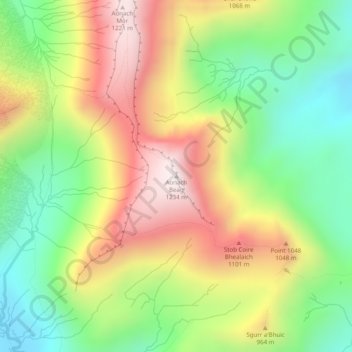 Mappa topografica Aonach Beag, altitudine, rilievo