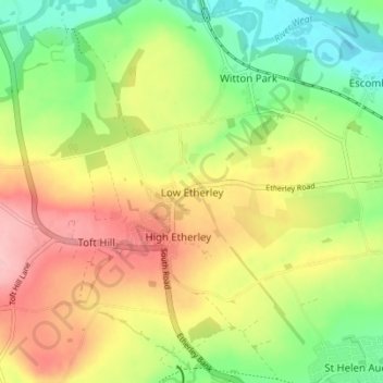 Mappa topografica Low Etherley, altitudine, rilievo