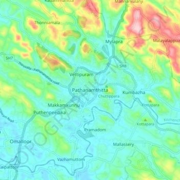 Mappa topografica Pathanamthitta, altitudine, rilievo