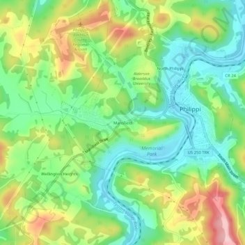 Mappa topografica Mansfield, altitudine, rilievo