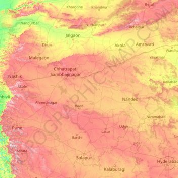 Mappa topografica Maharashtra, altitudine, rilievo