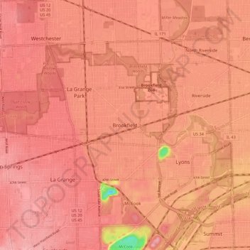 Mappa topografica Brookfield, altitudine, rilievo