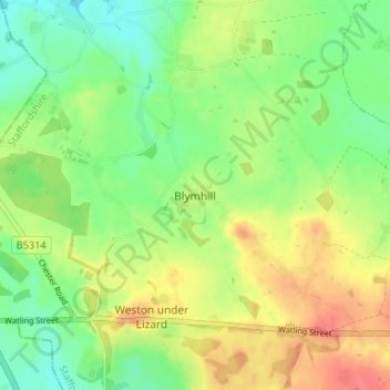 Mappa topografica Blymhill, altitudine, rilievo