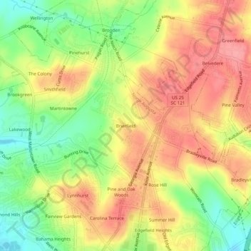 Mappa topografica Brierfield, altitudine, rilievo