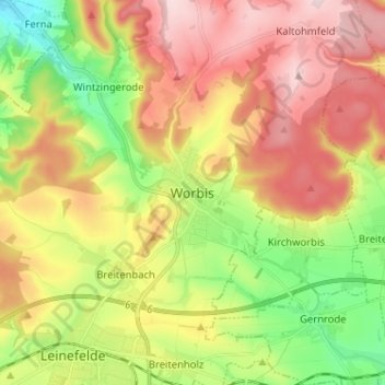 Mappa topografica Worbis, altitudine, rilievo