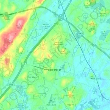 Mappa topografica Boxborough, altitudine, rilievo