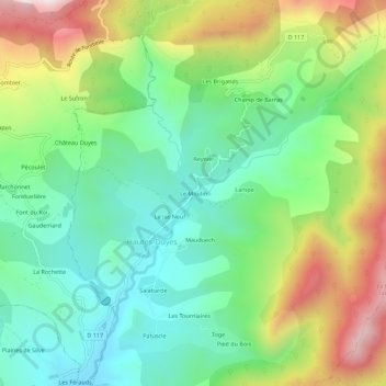 Mappa topografica Le Moulin, altitudine, rilievo