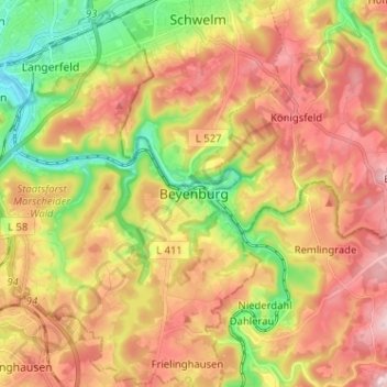 Mappa topografica Beyenburg, altitudine, rilievo