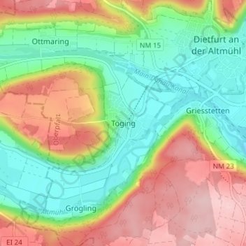 Mappa topografica Töging, altitudine, rilievo