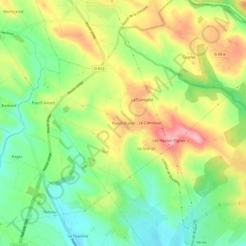 Mappa topografica Puech Auriol, altitudine, rilievo