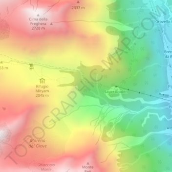 Mappa topografica Cascata, altitudine, rilievo