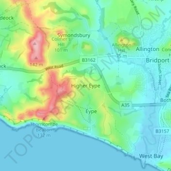 Mappa topografica Higher Eype, altitudine, rilievo