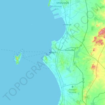 Mappa topografica Pattaya, altitudine, rilievo
