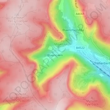 Mappa topografica Blaencwm, altitudine, rilievo