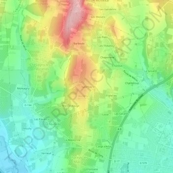 Mappa topografica Salornay, altitudine, rilievo