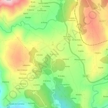 Mappa topografica Boborás, altitudine, rilievo