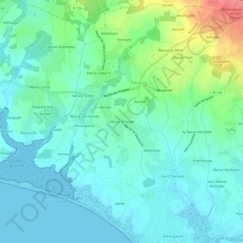Mappa topografica Menez Perguet, altitudine, rilievo