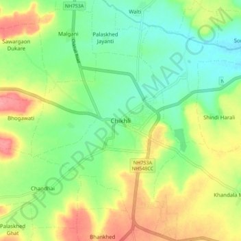 Mappa topografica Chikhli, altitudine, rilievo