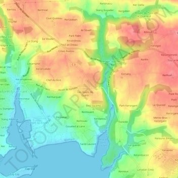 Mappa topografica Beg Menez, altitudine, rilievo