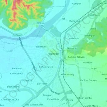 Mappa topografica Rupnagar, altitudine, rilievo