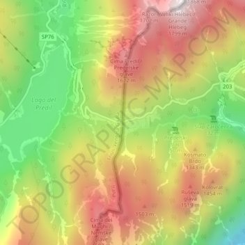 Mappa topografica Passo del Predil, altitudine, rilievo